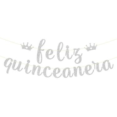 Imagem de Maicaiffe Faixa Feliz Quinceanera - Decoração de festa de feliz aniversário de 15 anos - 15 anos - Decorações de festa de aniversário de 15 anos em espanhol, glitter prateado