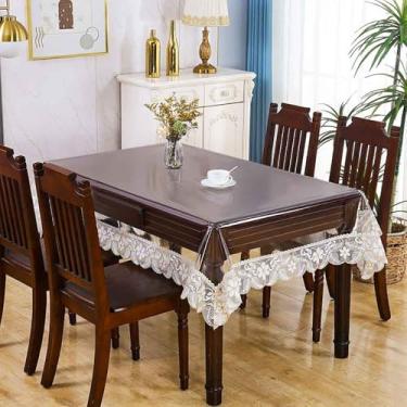 Imagem de JEGPWBKT Toalha de mesa retangular de vinil PVC impermeável transparente com borda de macramê de renda para casamento, cozinha, casa, ambientes externos, feriados, decoração de festa (dourada, 130 x