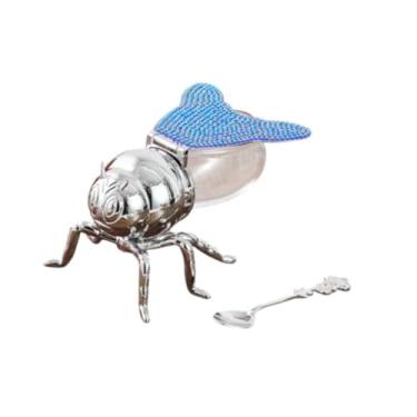 Imagem de IEUDNS Pote de armazenamento em forma de abelha, pote de mel com colher, pote moderno de condimentos de açúcar para apartamento, fazenda, café, cozinha e, Azul