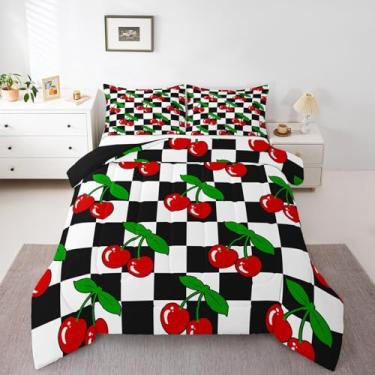 Imagem de Jogo de cama Queen com desenho animado cereja, quadriculado geométrico, xadrez, patchwork, decoração de quarto de meninos e meninas, edredom moderno, preto e branco, 2 fronhas