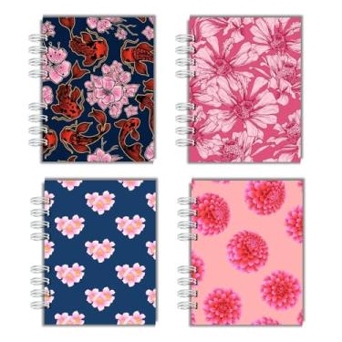 Imagem de Kit Com 4 Cadernos Capa Dura para anotação cadernos de bolso, A6, cadernos wire-o, pautados para faculdade e escola, para mulheres, presente, escritório, material escolar - Capas Flores Tons de Rosa