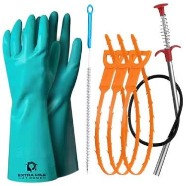 Imagem de Conjunto multifuncional de limpeza de ralo de pia, inclui cobra de drenagem de aço inoxidável, 3 peças de remoção de entupimento de ralo de cabelo, luvas protetoras e escova de limpeza longa