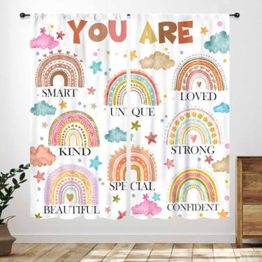 Imagem de Cortinas boêmias arco-íris, palavras motivacionais positivas, coloridas, nuvens de estrelas, meninos, meninas, tratamentos de janela de quarto, desenho animado, arco-íris, sala de estar, berçário,