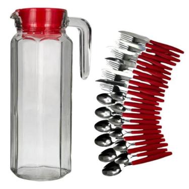 Imagem de Conjunto Talheres Inox Garfos Facas Colheres Jarra Vidro 1 Litro - ELE