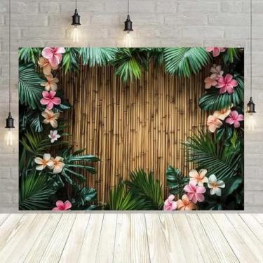 Imagem de Pano de fundo de flores tropicais havaianas com folhas de palmeira de bambu, folhas verdes tropicais, decoração de festa de chá de bebê, praia havaiana, aloha, luau, aniversário, chá de bebê, faixa