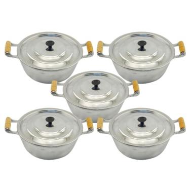 Imagem de Jogo De Panela Alumínio Batido Grosso Com 5 Peças Cabo Madeira Marfim Envernizado