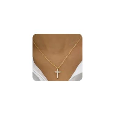 Imagem de GIGB PBDK Colar feminino delicado com pingente de cruz de prata, zircônia cúbica de ouro brilhante, minúsculo crucifixo, joias minimalistas, para batismo, presentes, Large, Liga de aço, Sem Pedra
