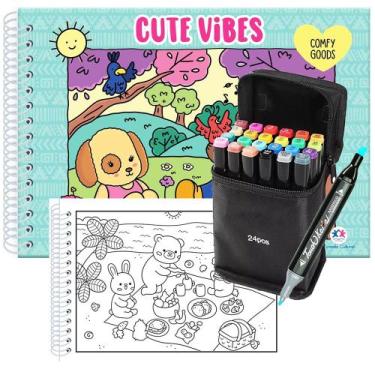 Imagem de Kit Livro De Colorir TikToker Cute Vibes 48 Desenhos + 24 Canetinhas P