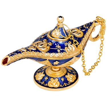 Imagem de inheming Pequena lâmpada decorativa vintage Aladding Magic Genie Lamp Wishing Light Ornaments, lenda clássica, Ouro azul, liga de zinco, 12 x 4 x 6,3 cm
