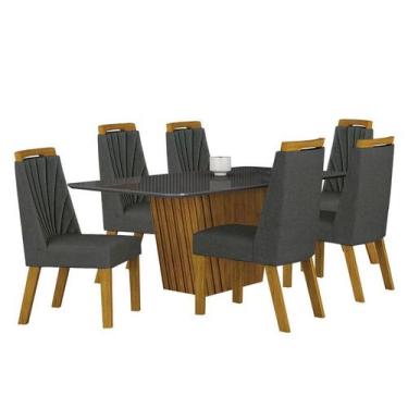 Imagem de Mesa de Jantar Liz 180x90 Freijó Chumbo com 6 Cadeiras Freijó Linho Ch