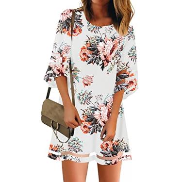 Imagem de LookbookStore Vestido túnica feminino casual gola redonda com painel de malha 3/4 manga sino solto, Pirnt floral branco brilhante, XX-Large
