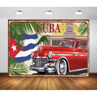 Imagem de BELECO Pôster de fundo de tecido de 2,7 x 1,8 m de Cuba, Havana, bandeira cubana, vintage, clássico, vermelho, palmeiras, para decoração de festa de Cuba, Havana, adereços de estúdio de sessão de