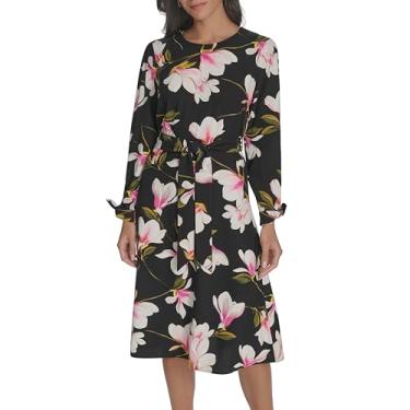 Imagem de Halston Minivestido feminino estampado com manga 3/4 e decote alto, Preto Multi, 42
