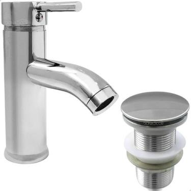 Imagem de Torneira Pia Banheiro Bica Baixa Cromada E Valvula Click 1¼ Inox Kit B