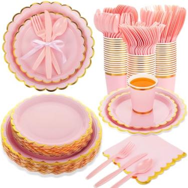 Imagem de Ziliny 350 peças de pratos e guardanapos rosa claro suprimentos de festa para convidados louças de chá de bebê da floresta incluem pratos recortados papel guardanapo copo colher garfo faca para