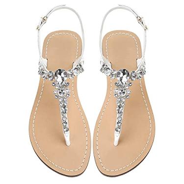 Imagem de AIJIVOU Sandálias rasteiras femininas de strass, chinelos femininos com clipe de bico anelado com strass de cristal e joias para verão, praia, praia, praia, férias ao ar livre, Branco #3, 38