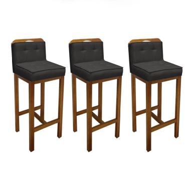 Imagem de Kit 03 Banqueta Alta Com Encosto Agnes Cozinha Balcão Bistrô Base Madeira Rústico Corino Cinza