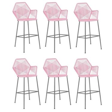 Imagem de Kit 06 Banqueta Alta Sttar Cozinha Ferro Prata Fibra Rosa Bebê