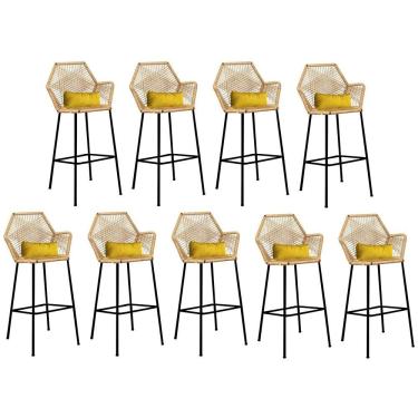 Imagem de Kit 09 Banqueta Alta Sttar Ferro Preto Fibra Palha Almofada Corino Amarelo