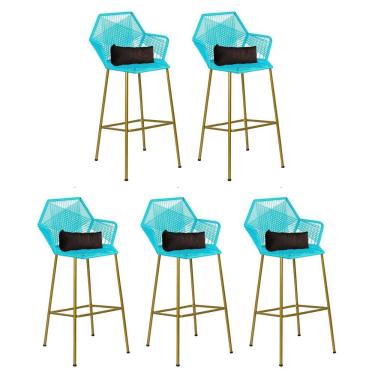 Imagem de Kit 05 Banqueta Alta Sttar Ferro Dourado Fibra Azul Turquesa Almofada Suede Marrom