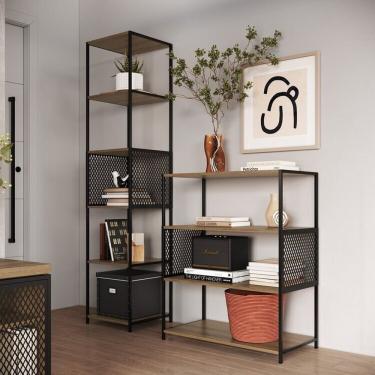 Imagem de Sala De Estar Com 2 Itens Decorativos Estante Media Telada E Estante Alta Telada Preto - Mel