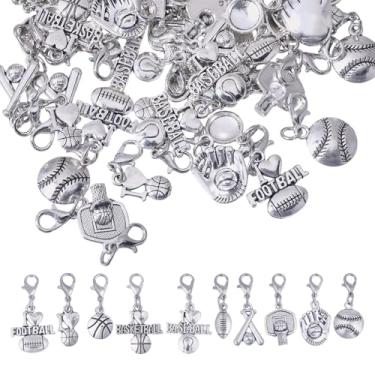 Imagem de CHGCRAFT 60 pingentes de bola estilo 10 pingentes de basquete com fechos de garra de lagosta pingente de liga de futebol para pulseira, colar, chaveiro, prata antiga, Metal, Sem Pedra Preciosa