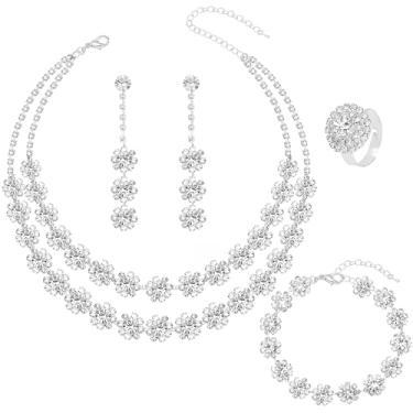 Imagem de NEWITIN Conjunto de 5 peças de joias de prata para mulheres, bijuterias, bijuterias, strass, cristal, colar, pulseira, brincos, conjuntos de joias de casamento para noivas, dama de honra, Adjustable