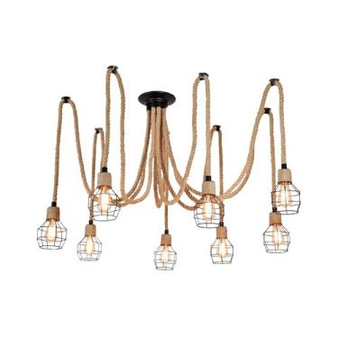 Imagem de Littleglovo Luminária Pendente Estilo Aranha, Luminária Pendente Estilo Fazenda, Ajustável, Faça Você Mesmo, Lustre De Teto Industrial Múltiplo, Corda De Cânhamo, 8 Braços, Luz Pendente Vintage Ste