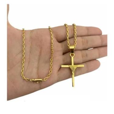 Imagem de Cordão Cadeado 2Mm + Pingente Crucifixo Banhado A A Ouro - A.R Varieda
