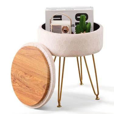 Imagem de Cpintltr Apoio para os pés banquinho redondo de veludo com espaço de armazenamento, cadeira macia com espuma de memória, mesa lateral pequena, banco de degrau para corredor, 4 pernas de metal dourado