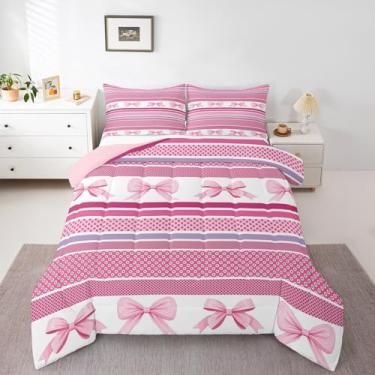 Imagem de jejeloiu Conjunto de cama casal com laço, para crianças, meninos, meninas, bolinhas, edredom fofo, listrado, decoração de quarto, microfibra leve e macia, 3 peças