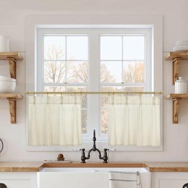 Imagem de Cortinas de 38 cm de comprimento, cortinas de janela pequenas transparentes de linho listrado café para cozinha, banheiro, 61 x 38 cm de comprimento, conjunto de 2 painéis