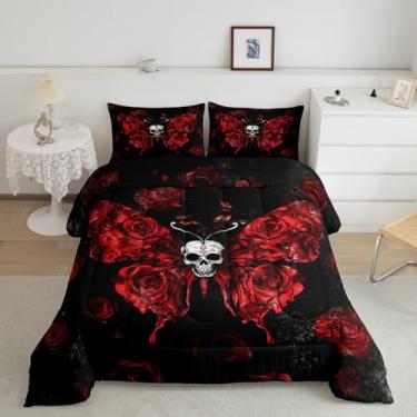 Imagem de Manfei Jogo de cama King com estampa de mariposa exótica, estilo casa de fazenda, caveira de Halloween, para meninos e adolescentes, plantas botânicas rosas góticas, 3 peças, enchimento de edredom