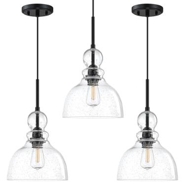 Imagem de Doraimi Lighting Pacote Com 3 Luminárias Pendentes Para Ilha De Cozinha Interna 8" Vidro Transparente, Acabamento Preto, Estilo Fazenda Moderno, Sala Jantar Sobre A Pia