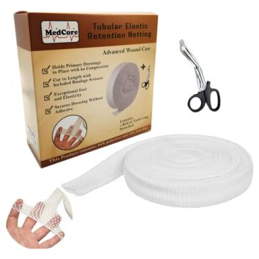 Imagem de Medcore Atadura Tubular De Rede Fixa (Tamanho 4), Rolo 10 Jardas Que Estica Até 25 - Mais Um Par Tesouras Médicas Para Curativo Gaze Elástica Feridas Serve Braços, Tornozelos, Panturrilhas, Mãos Gra