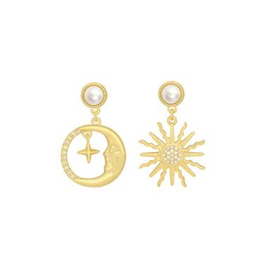 Imagem de Brincos de pérola sintética assimétrica de sol e lua, brincos de pingente de anulus de ouro, Cristal Metal, Zircônia cúbica
