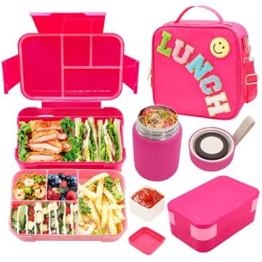 Imagem de Conjunto de lancheira infantil Bento com jarra térmica de 293 ml, recipientes de almoço à prova de vazamento com 6 compartimentos, lancheira de nylon com alça ajustável para meninas, viagem escolar,