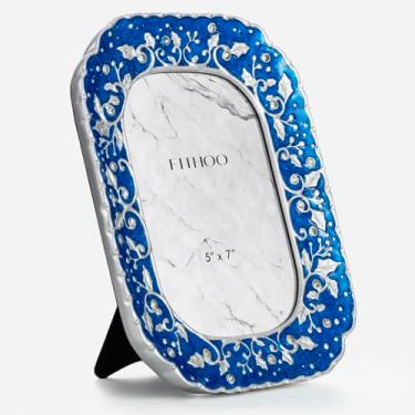 Imagem de Porta-retratos de Natal 12 x 18 cm, design de férias, estilo inverno, resina com suporte de exibição antigo de vidro de alta definição para pendurar na parede (guirlanda azul)