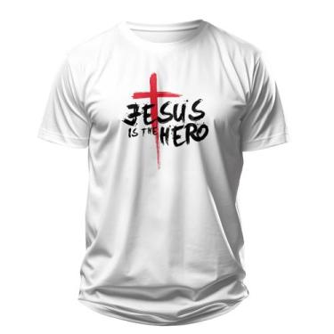 Imagem de Camiseta Cristã Masculina - Jesus é o heroi  Branca - Penkal Personali