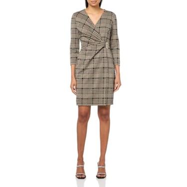 Imagem de Anne Klein Vestido feminino com manga 3/4 Houndstooth estampado jersey, Preto/Ecru, 44