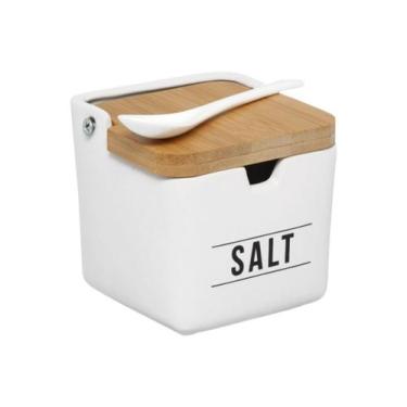 Imagem de Saleiro Porta Sal Em Porcelana Tampa De Bambu Natural E Colher 270ml M