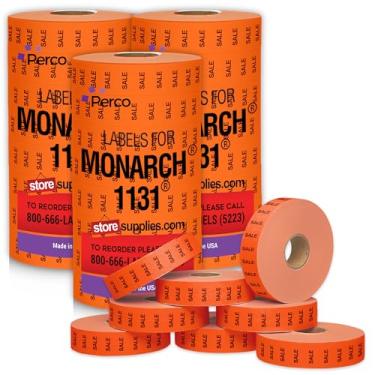 Imagem de Perco Etiquetas de preço vermelhas fluorescentes "Sale" para Monarch 1131 Price Gun – 3 mangas, 24 rolos – 60.000 etiquetas de marcação de preço – com rolos de tinta incluídos