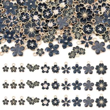 Imagem de Spritewelry Pingentes de flor de liga esmaltada, flor de cerejeira, pingentes, brincos florais de metal preto para fazer joias, colar e pulseira