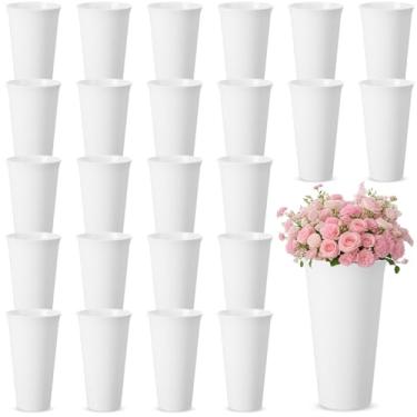 Imagem de Ninehaoou Pacote com 24 baldes de flores de plástico de 24 cm, vasos redondos modernos para centros de mesa, exibição floral, baldes decorativos para mesa, decoração de casamento (branco)