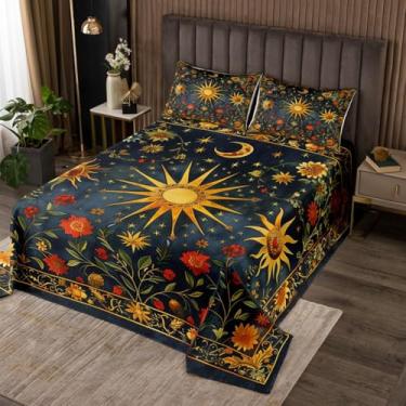 Imagem de Castle Fairy Colcha de sol e lua, tamanho Queen, estilo exótico, boêmio, para decoração de quarto de adolescentes, conjunto de edredom de flores estilo rústico, conjunto de edredom dourado marinho, 2