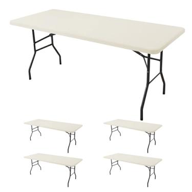 Imagem de Enjoyidea Toalha de mesa ajustada para mesas retangulares de 1,8 m - pacote com 4 toalhas de mesa elásticas cremosas para piquenique ao ar livre - toalhas de mesa dobráveis elásticas de elastano 1,8 m