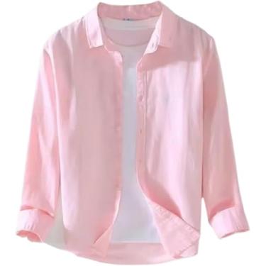 Imagem de Camisa Masculina Respirável Casual Gola Virada Para Baixo Praia Algodão Linho Camisa Masculina Manga Longa Sólida, Pink1, M