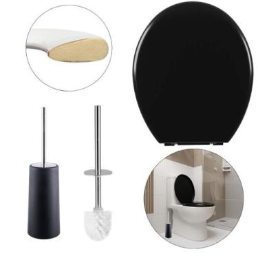 Imagem de Assento Vaso Almofadado Preto + Escova Sanitária Preta - Astra