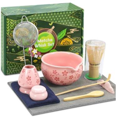 Imagem de Conjunto de batedor Matcha rosa, lindo kit de matcha de cerâmica inclui tigela matcha, batedor e suporte de bambu, descanso de colher, peneira e toalha de chá, mini lata de matcha, conjunto de