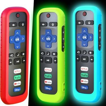 Imagem de Pacote com 3 capas remotas para Roku, capa de bateria para controle remoto TCL Roku Smart TV, capa remota de silicone para controle de proteção da Roku TV, capa universal que brilha no escuro, verde céu e azul
